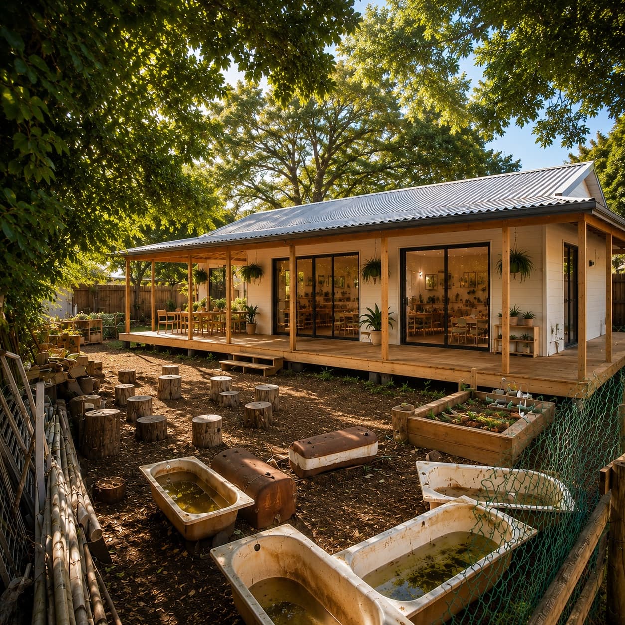 An artist's impression of the completed Grade R classroom on the same yard, with a covered deck and planting beds
